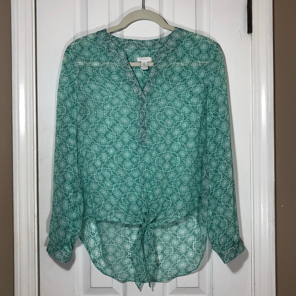 Chico's Sz 0 (Small 4/6) Teal/White LS Top Shirt